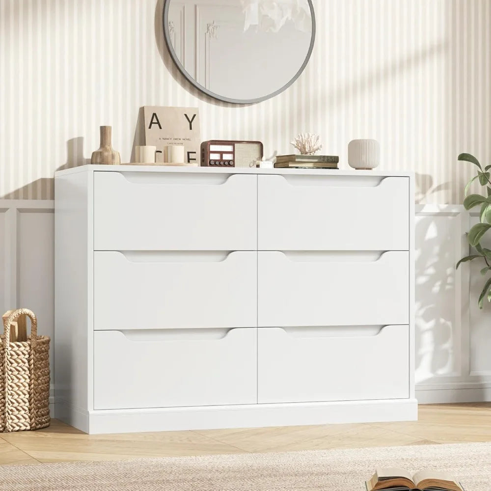 Modern 6 Drawer Dresser for Bedroom, Double Chest of Drawers with Storage, Large Wooden Storage Dresser Organizer with Cut-Out