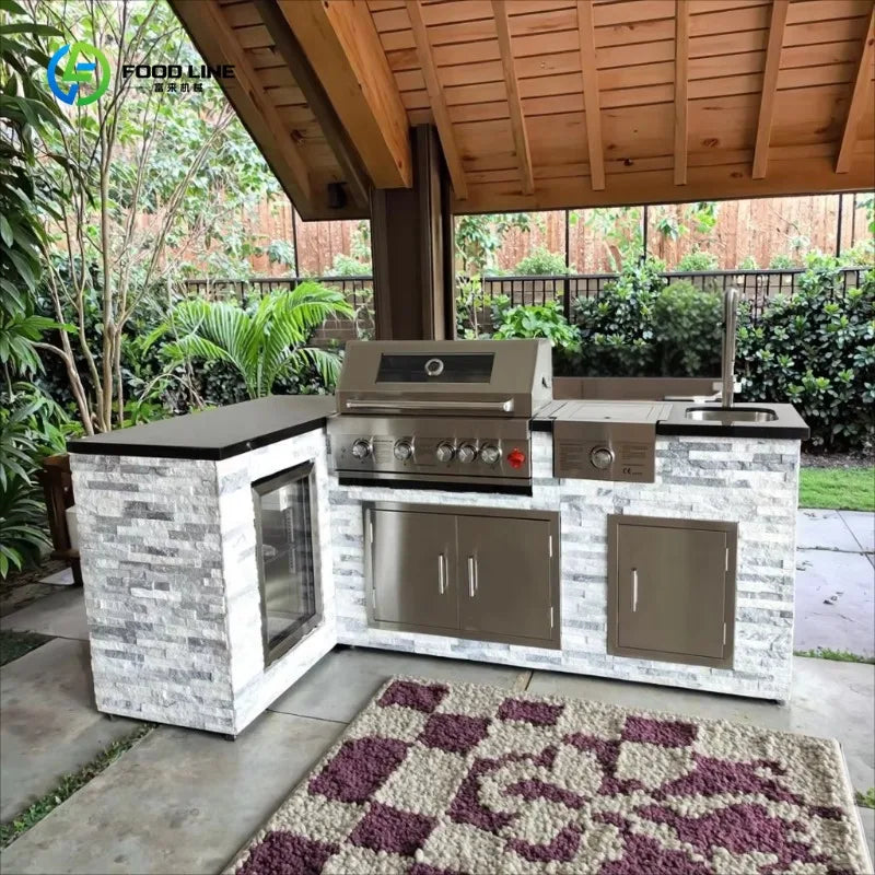 Natural Stone-Inspired Outdoor DIY BBQ Kitchen Equipped with Sink Chilled Storage for BBQ Grills for Family Party