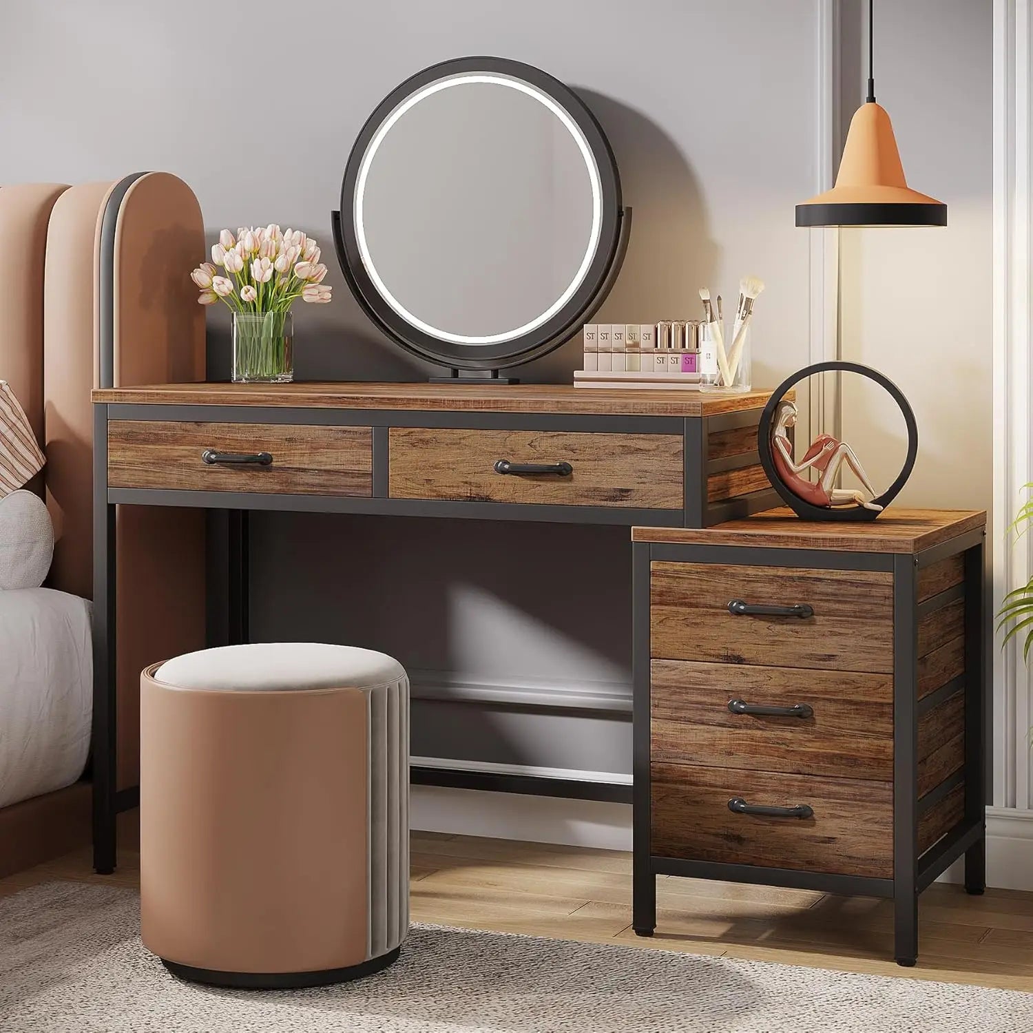 Vanity Desk with 5 Drawers, Makeup Vanity Table Dressing Table with Side 3-Drawer Chest for Women, Girls (Without Mirror)