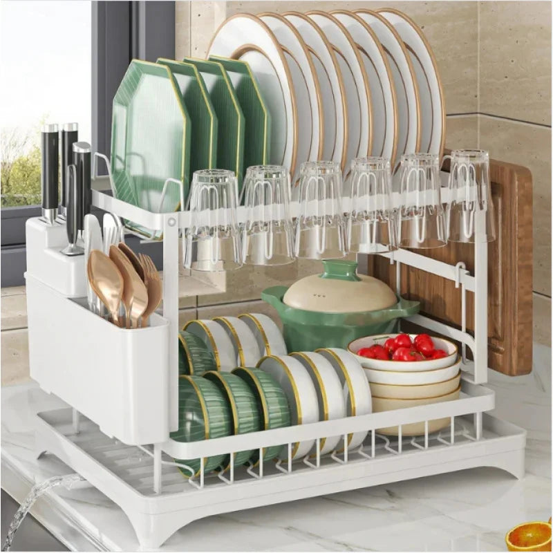 Large-Capacity Double-Layer Kitchen Storage Rack with Drainage, Lockable Metal Tableware Stand for Bowls, Kitchen Organizers