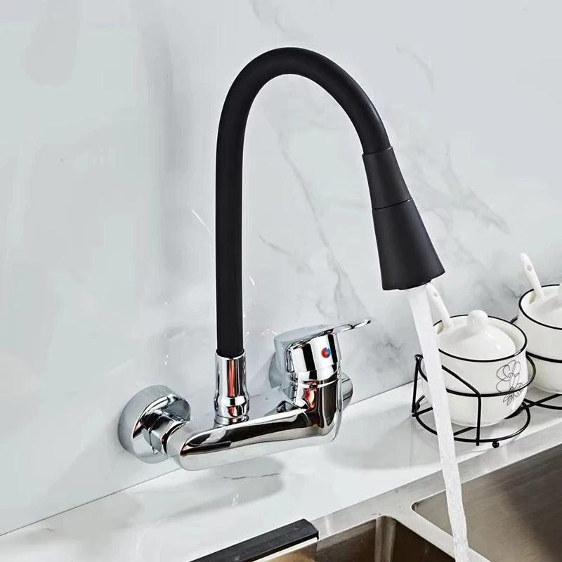 Wall Mounted Kitchen Faucet Kitchen Mixer Kitchen Sink Faucet 360 Degree Free Rotation Flexible Hose Double Hole