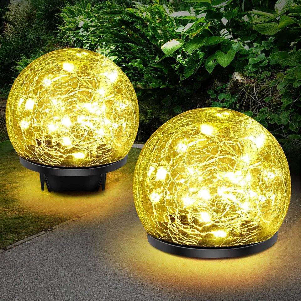 Outdoor Solar Garden Light Round Cracked Glass Lamp Waterproof Landscape Decor Ball Light for Villa Walkway Path Yard Holiday