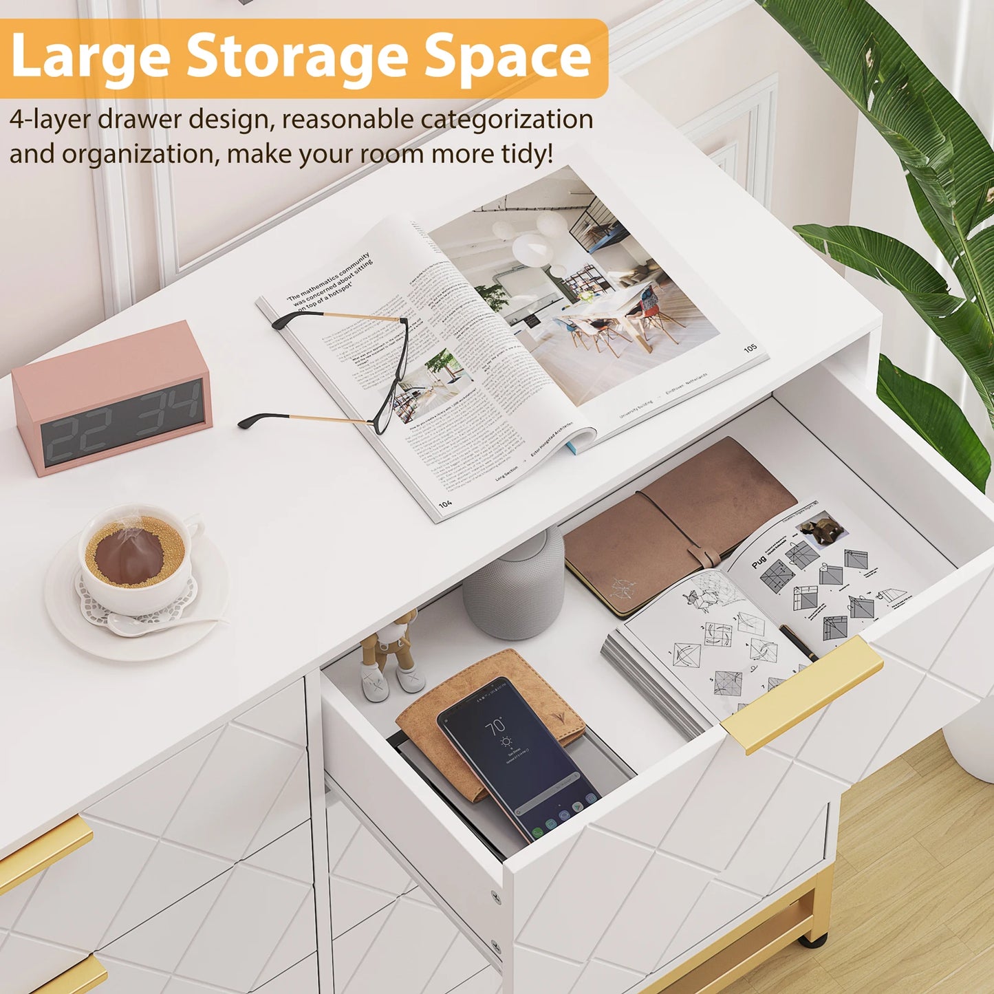 8 Drawer Dresser with Metal Handles,Modern Wood Chest of Drawers,Sturdy Frame Bedroom Furniture for Closet Hallway