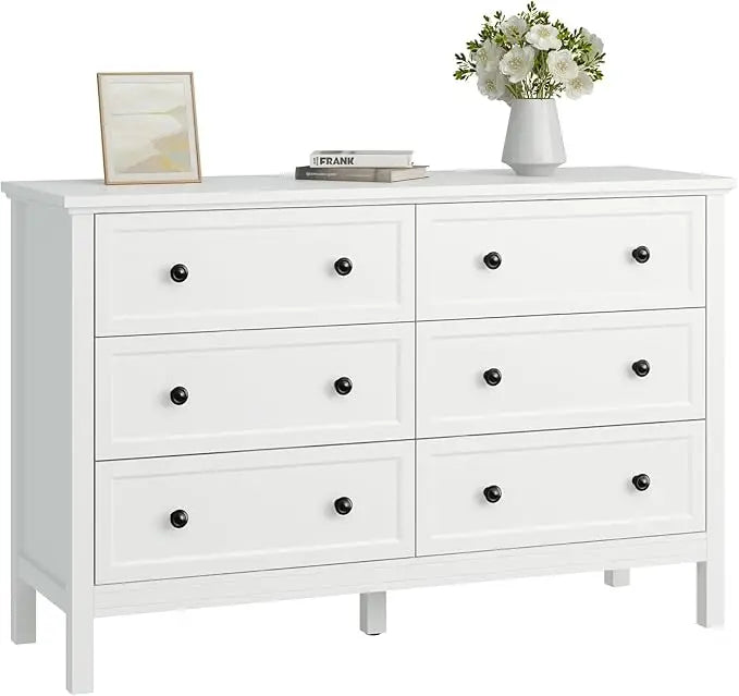 White Dresser for Bedroom, 6 Drawer Dresser with Wide Drawer and Metal Handles, Wood Dressers & Chests of Drawers for Hallway,