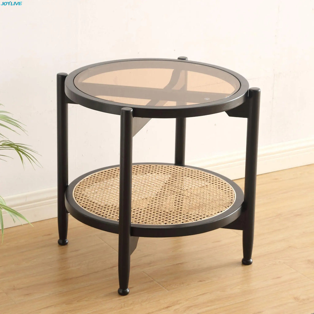 JOYLIVE Rattan Coffee Table Japanese Double Layer Detachable Solid Wood Table Glass Round Home Small Table 2022 New Dropshipping