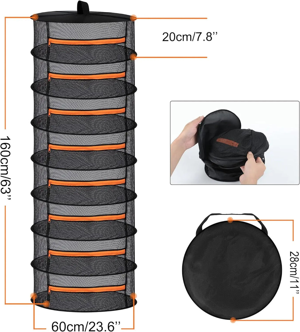 2ft Herb Drying Rack 2/4/6/8 Layer Folding Mesh Hanging Basket Dryer Net with Zippers for Seeds Flowers Buds Fit in Grow Tents