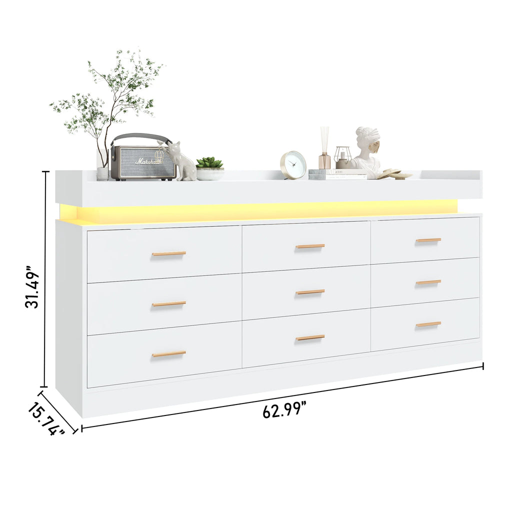 9 Drawer Dresser with LED Light & Charging Station, Modern Chest of Drawers for Closet, 63" Wide Drawer Organizer Cabinet
