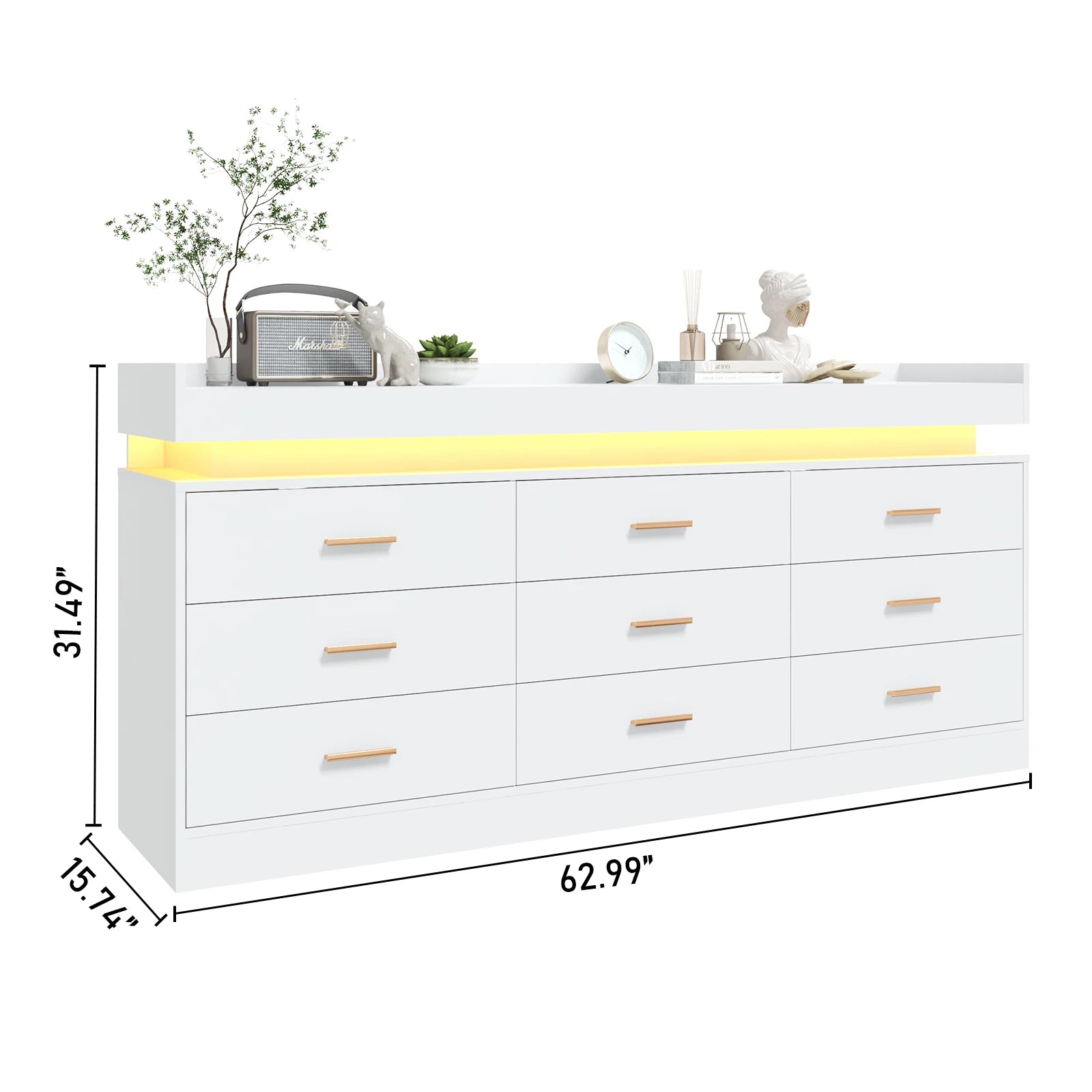 9 Drawer Dresser with LED Light & Charging Station, Modern Chest of Drawers for Closet, 63" Wide Drawer Organizer Cabinet