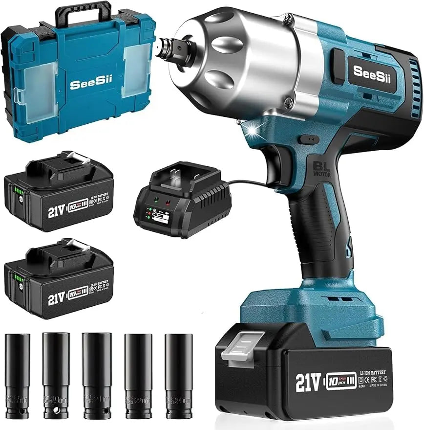 Seesii Impact Wrench 960Ft-lbs Brushless Impact Gun 1300NM High Torque 1/2 2X 5.0Ah Battery Cordless Impact Wrench for Truck