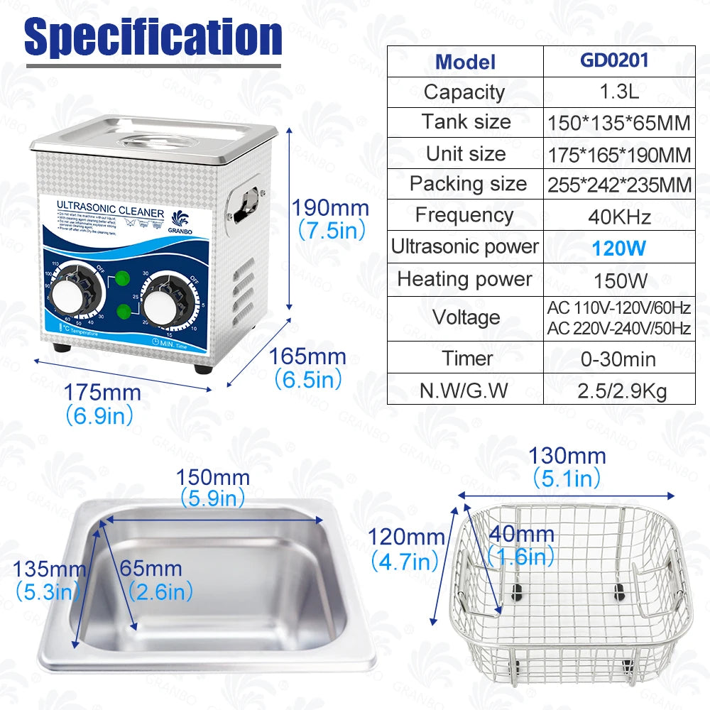 1.3L Jewellery Ultrasonic Cleaner 120W 40KHz 220V 110V for Home Spare Parts Oil Rust Injector Fuel Nozzle Spark Plug