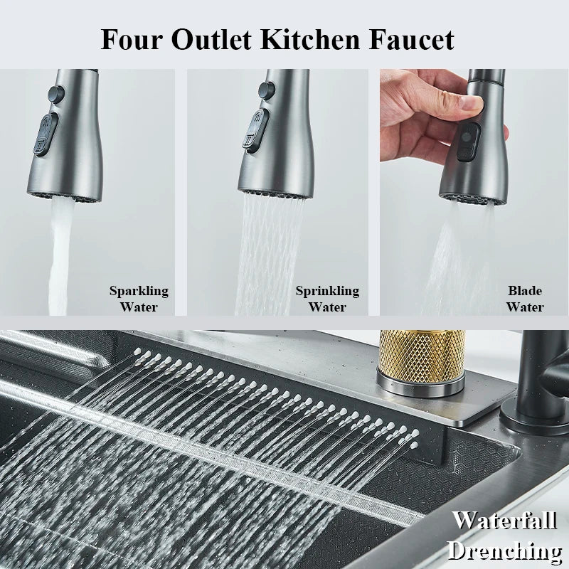 304 Stainless Steel Waterfall Kitchen Sink Large Single Slot Integrated 60X45cm Faucet Set Soap Dispenser Pure Water Tap