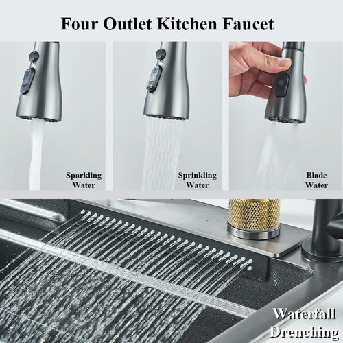 304 Stainless Steel Waterfall Kitchen Sink Large Single Slot Integrated 60X45cm Faucet Set Soap Dispenser Pure Water Tap