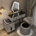 Luxury Glass Dressing Table with Smart Wireless Charging Bedroom Vanity Nightstand Makeup Table Drawers with Led Mirror Dresser