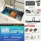 New Stainless Steel Waterfall Kitchen Sink Embossed Extra Large Single Slot Digital Display Dishwashing Sinks With Draining Rack