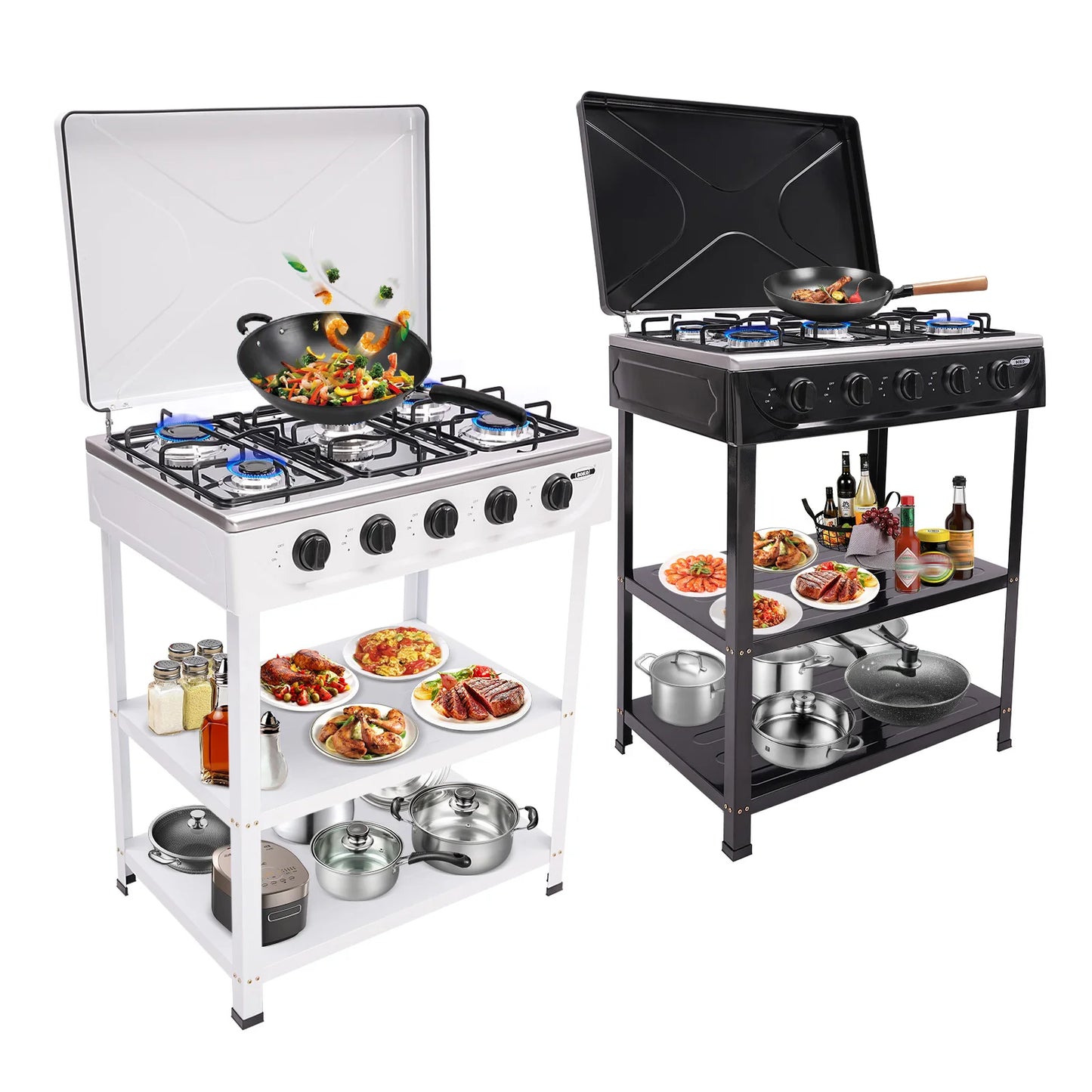 Portable 5-Burner Natural Gas Stove | Black, 2.5KW Per Burner, NG/LPG Compatible, Freestanding