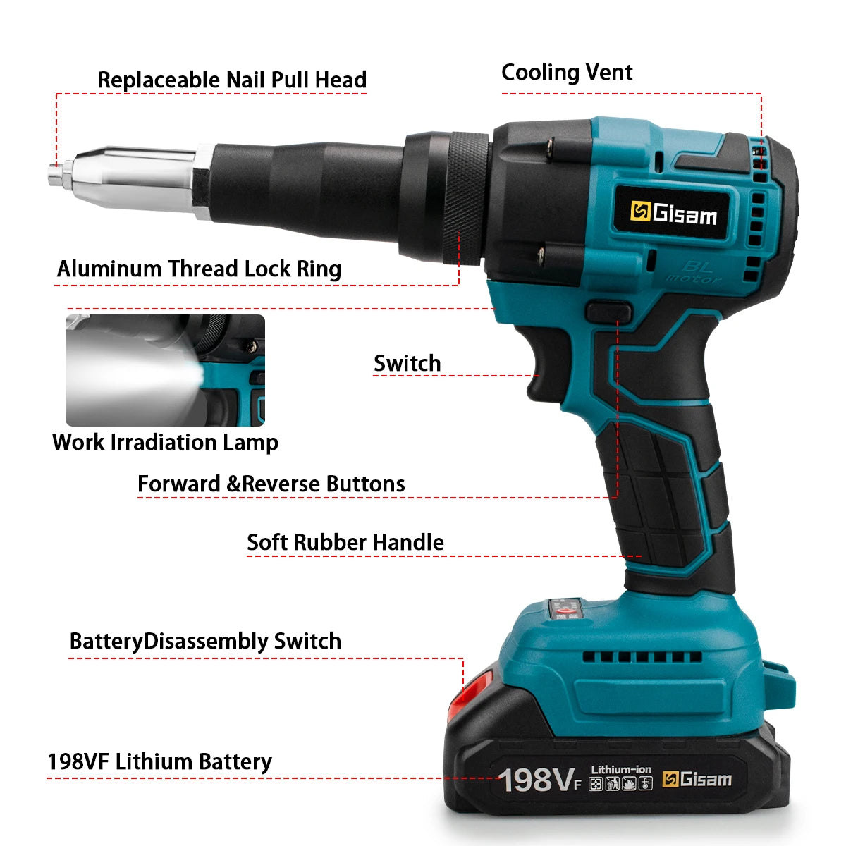 Gisam 720W Electric Brushless Rivet Gun Lithium Battery Cordless Riveting Nut Gun Automatic Rivet for Makita 18V Battery Pins