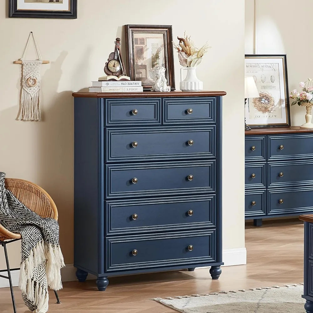 Farmhouse 6 Drawer Dresser, Chest of Drawers for Bedroom, 43.5" Tall Blue Dresser with Roman Column and Metal Handles, Rustic Wo
