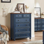 Farmhouse 6 Drawer Dresser, Chest of Drawers for Bedroom, 43.5" Tall Blue Dresser with Roman Column and Metal Handles, Rustic Wo