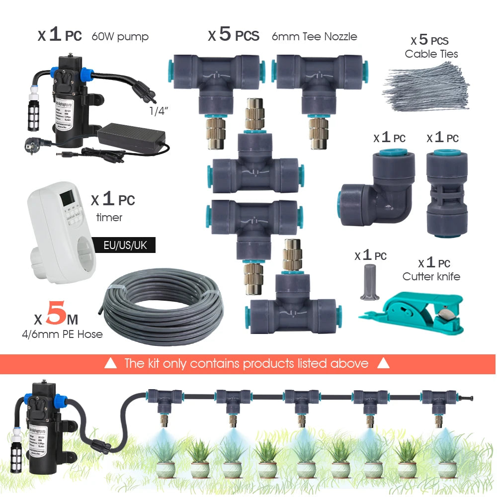 25-5M 60W Pump Adjustable Spray Nozzle Timer Watering Systems Quick Connection 1/4" Hose Misting Automatic Irrigation Kit Garden