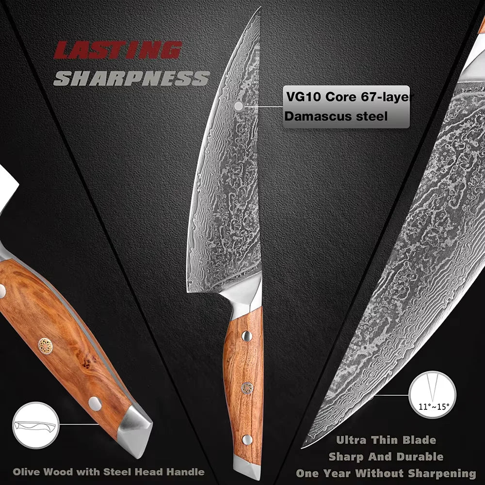 Damascus Steel Kitchen Knives Set 1-8pcs Chef Knife Cutting Professional Sharp Chef Knife, Cleaver, Santoku,Bread, Boning & More