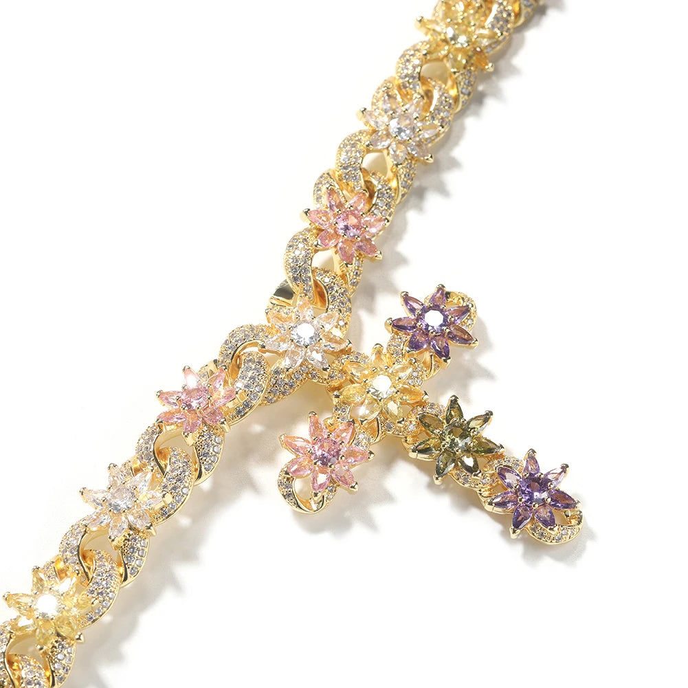 Colorful Flower Cuban Chain - Full Paved Iced Out Baguette CZ Hip Hop Necklace | AlluCanFind