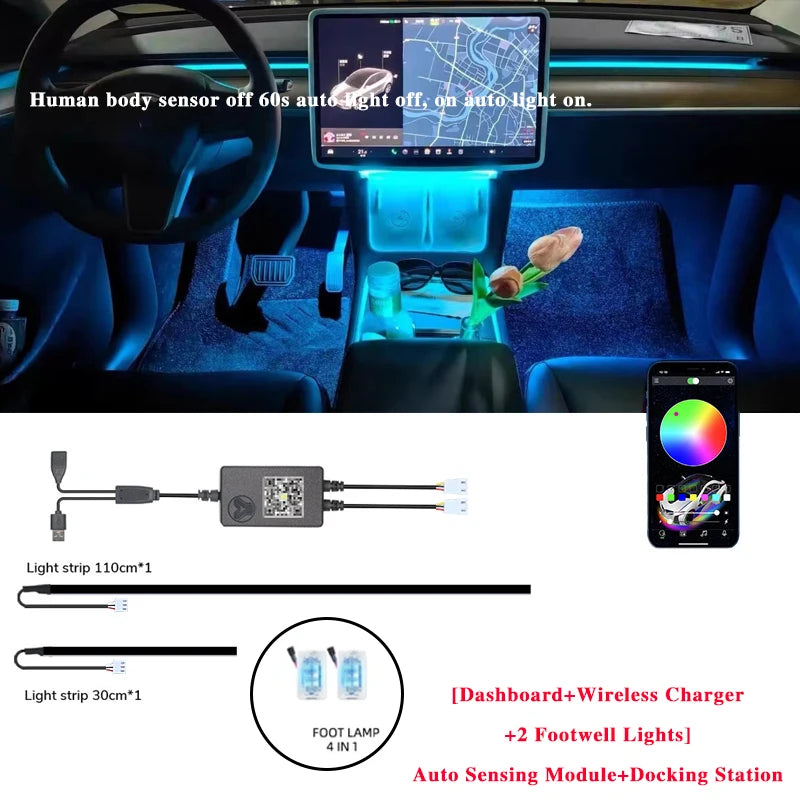 Car Ambient Light 60 Seconds Automatic OFF Module With USB Expansion Dock RGB APP Dashboard Lighting For Tesla Model 3 Y S X
