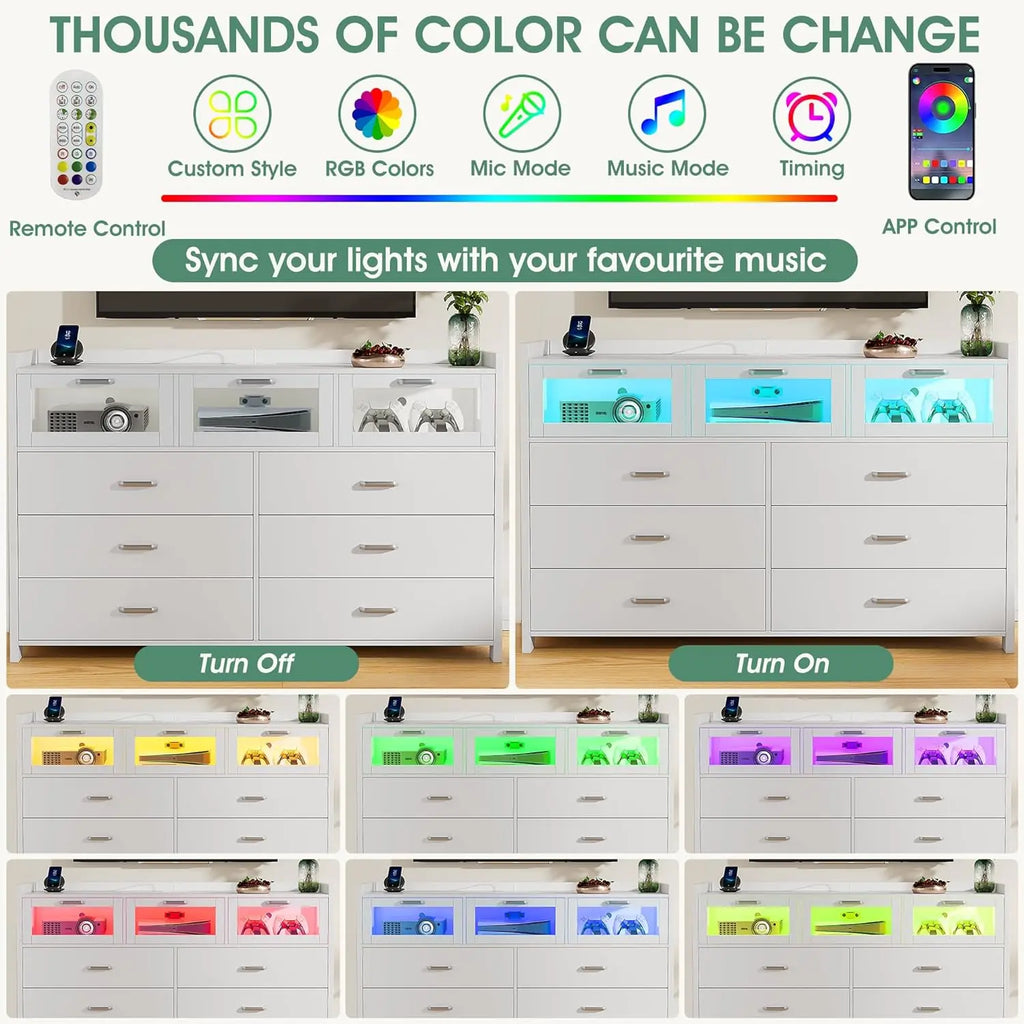 White Dresser for Bedroom, 9 Drawers Dresser with LED Lights and Charging Station, Chest of Dresser for Bedroom.