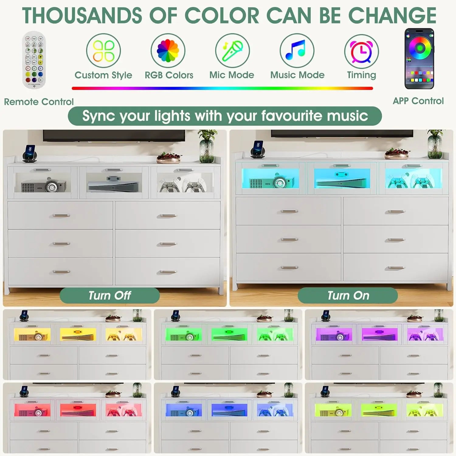 White Dresser for Bedroom, 9 Drawers Dresser with LED Lights and Charging Station, Chest of Dresser for Bedroom.