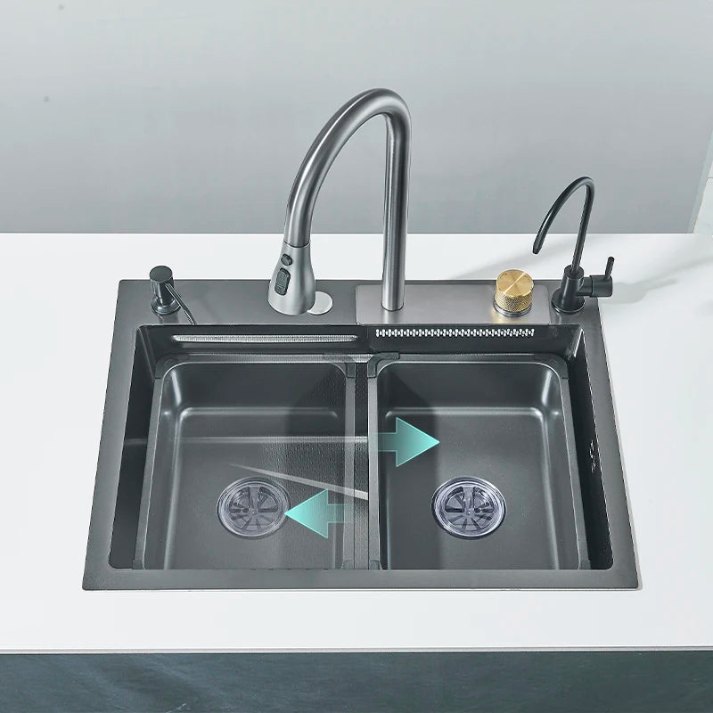 304 Stainless Steel Waterfall Kitchen Sink Large Single Slot Integrated 60X45cm Faucet Set Soap Dispenser Pure Water Tap