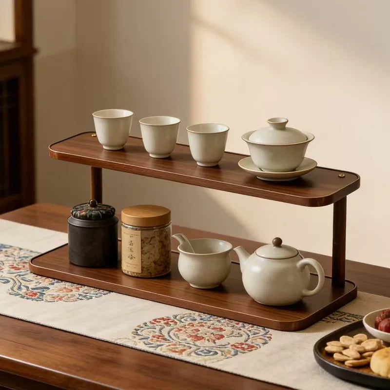 Versatile 2 Level Wooden Storage Rack For Kitchen And Tea Room, Decorative Desktop Multilayer Storage Rack Countertop Organizer