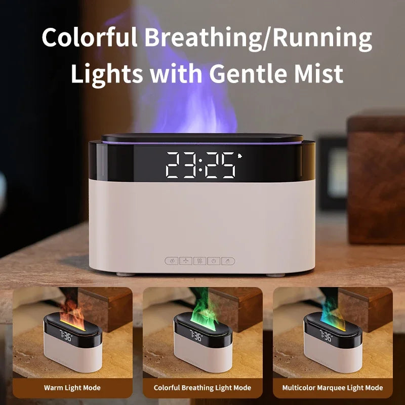 LED Clock Ultrasonic Air Humidifier with Colorful Flame Night Light an