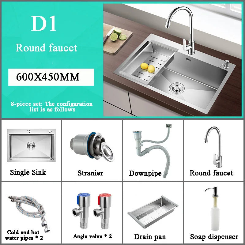 Stainless Steel Kitchen Sink Farm House Above Counter Undermounter Single Bowel Wash Basin with Faucet Drain Kitchen Accessories