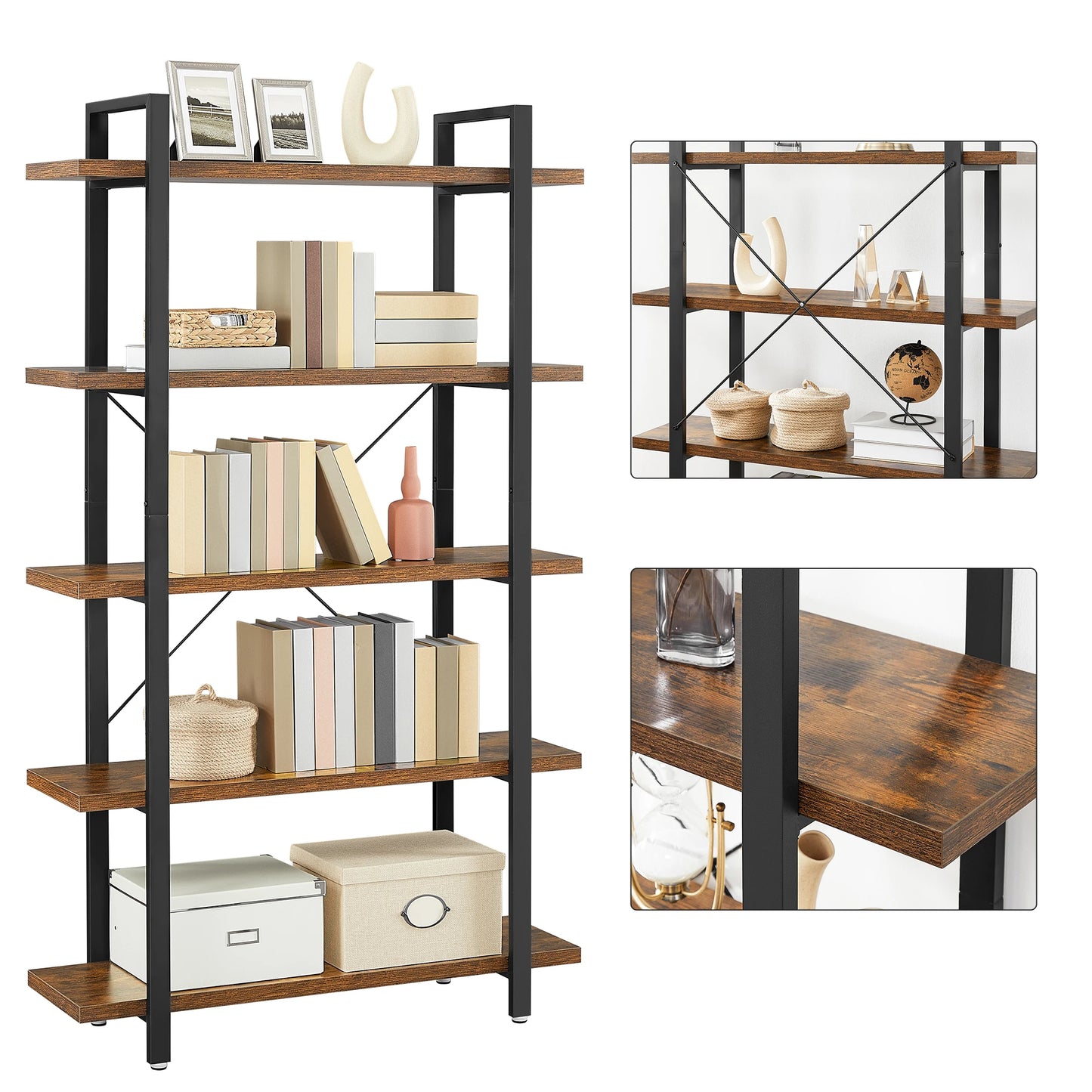 VASAGLE Bookshelf, 5-Tier Industrial Stable Bookcase, Storage Rack, Standing Shelf, Easy Assembly, Living Room, Bedroom, Office