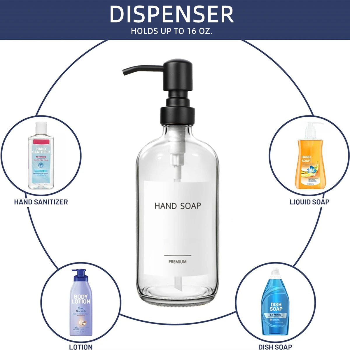 Clear Glass Soap Dispenser Set for Bathroom, Kitchen Liquid Hand Dish Soap Dispenser with Stainless Steel Pump, 2pcs 16 Oz 500ml