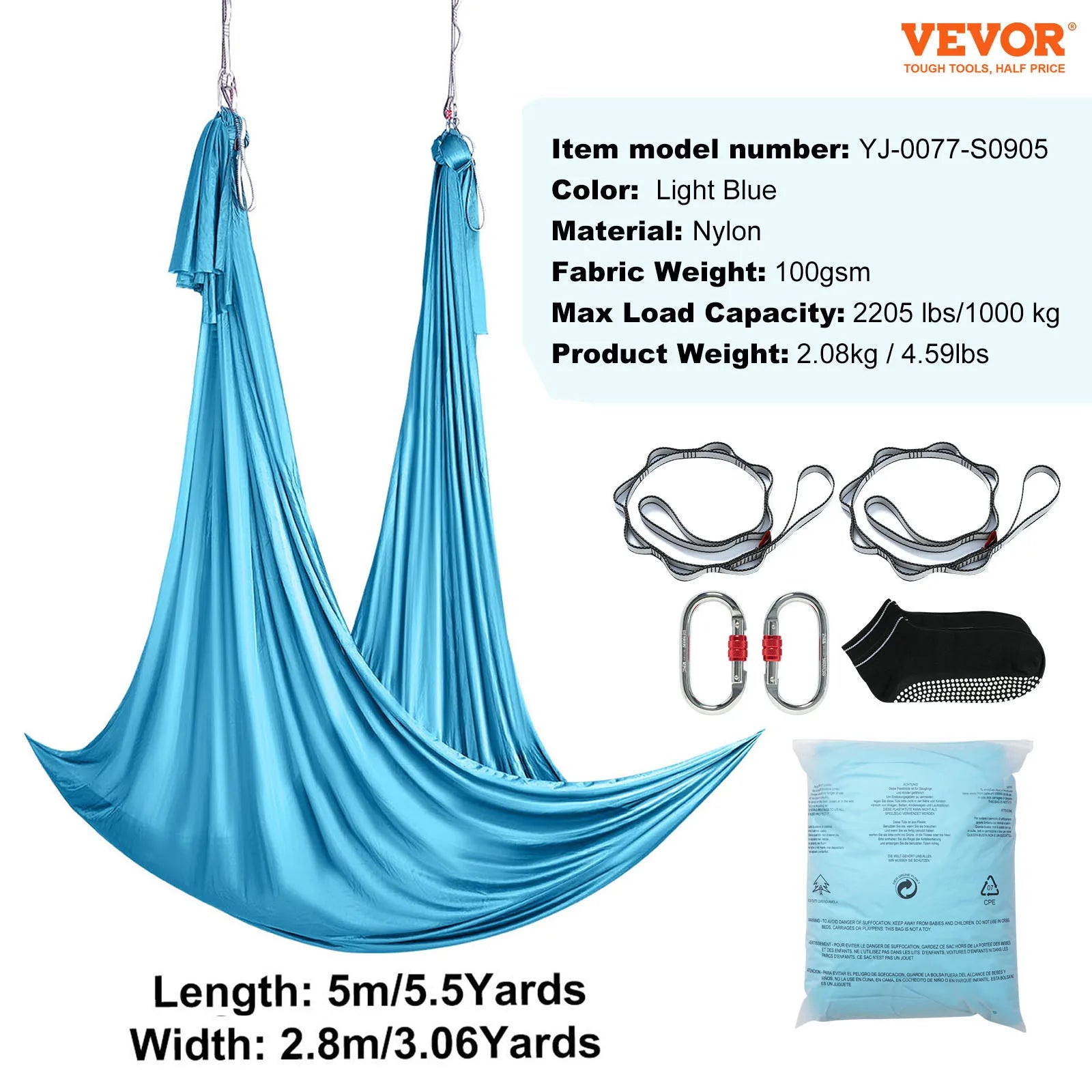 VEVOR 5.5 Yards Aerial Yoga Hammock & Swing Nylon Fabric Full Rigging Hardware for Antigravity Yoga Fitness Bodybuilding