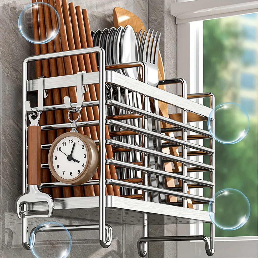 Space-saving 1pc utensil holder: wall-mounted, 2/3 grids, drip tray & 4 hooks. Kitchen must-have!