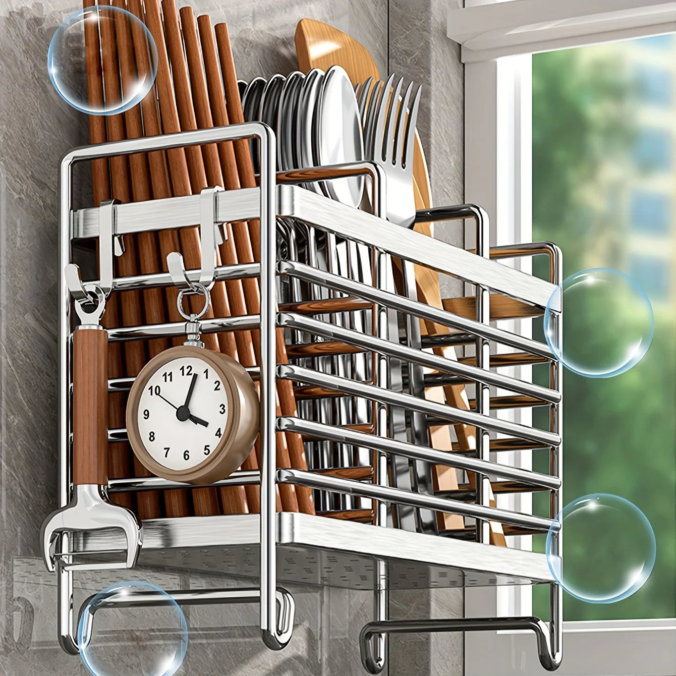 Space-saving 1pc utensil holder: wall-mounted, 2/3 grids, drip tray & 4 hooks. Kitchen must-have!