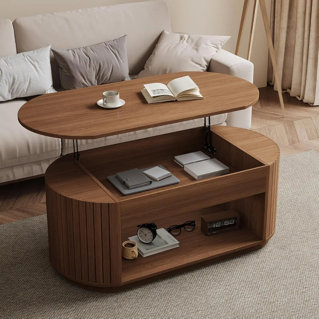 47-Inch Lift Top Wood Coffee Table with Hidden Storage Compartment and Open Shelf for Living Room, Fluted Oval Center Tea Table