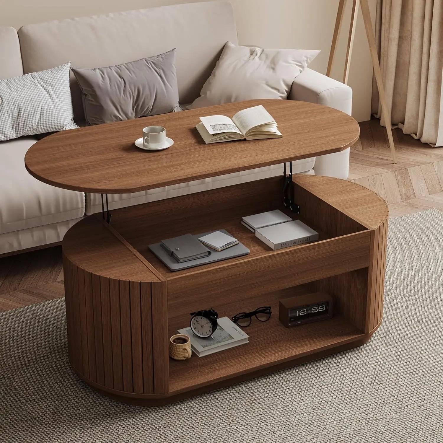 47-Inch Lift Top Wood Coffee Table with Hidden Storage Compartment and Open Shelf for Living Room, Fluted Oval Center Tea Table