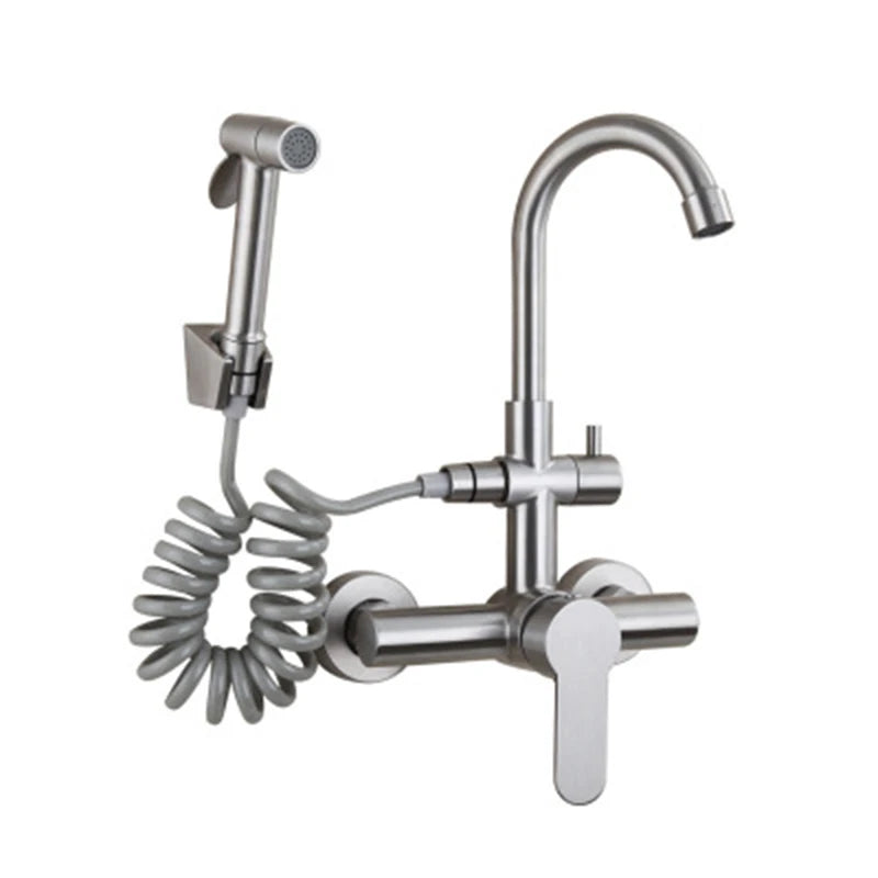 Kitchen Faucet With Spray Gun Wall Mounted Hot Cold Water Mixer Tap Rotatable Faucets Dual Water Mode No Dead corner Cleaning