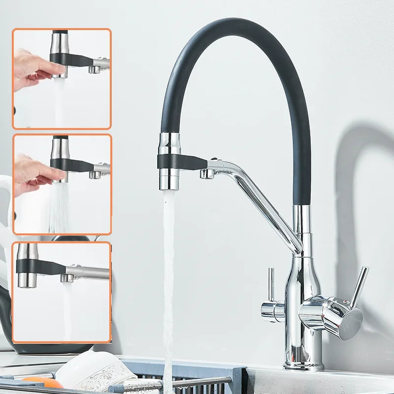 Kitchen Purified Water 2 Function Brass Cold and Hot Mix Faucet Black Flexible Water Pipe 360 Rotate Filtered Water Deck Install