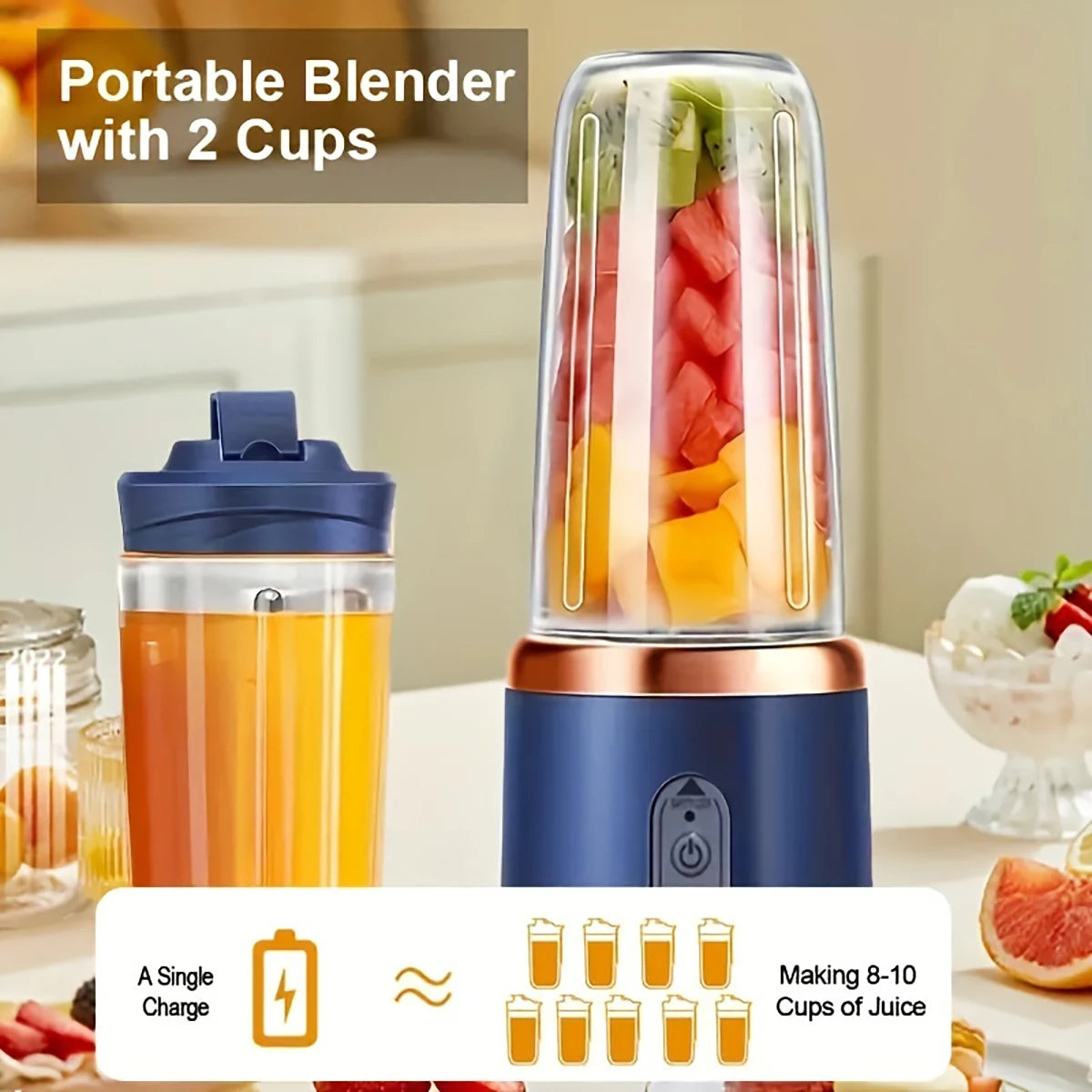 1 PC portable blender with 2 USB rechargeable personal juicers, button controlled, suitable for home and travel