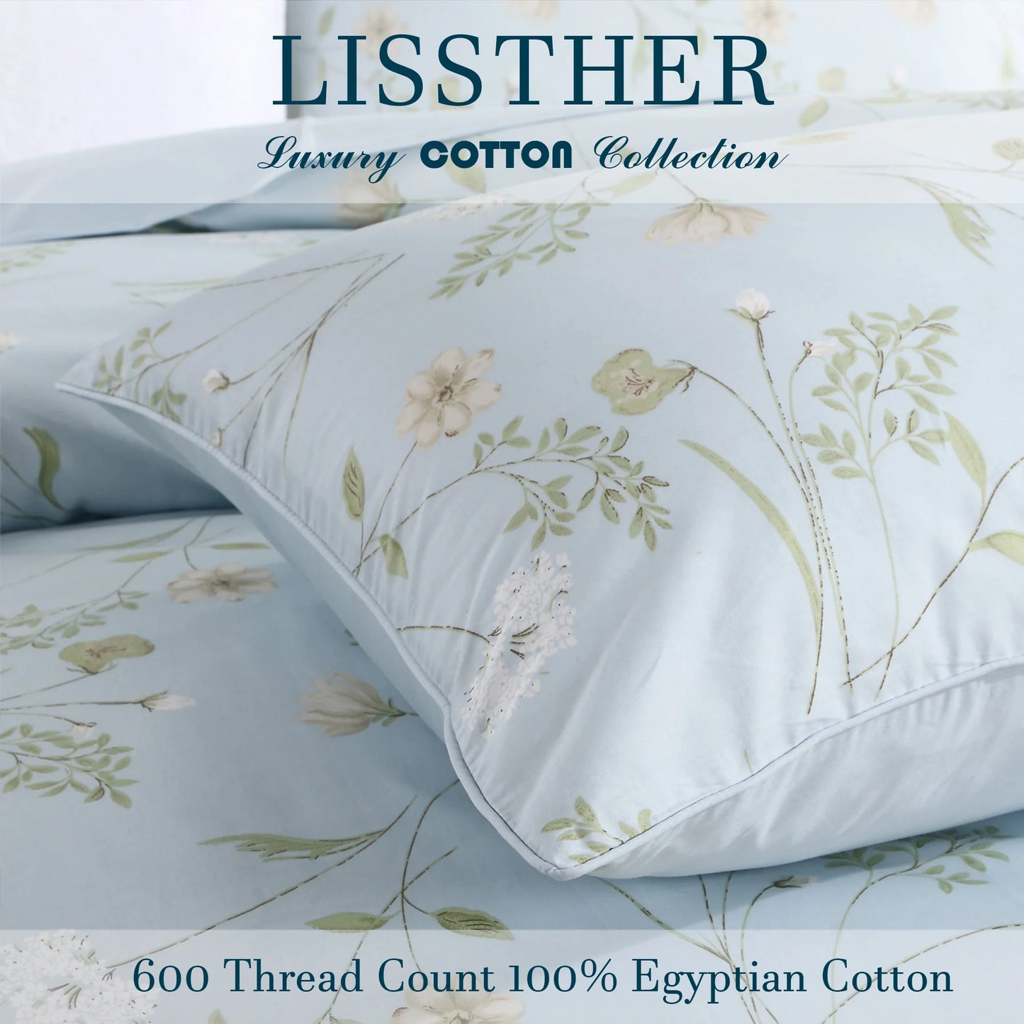 3pcs 600TC 100% Egyptian Cotton Duvet Cover Set, Light Blue Shabby Chic Floral, Soft Skin-Friendly (No Inserts)