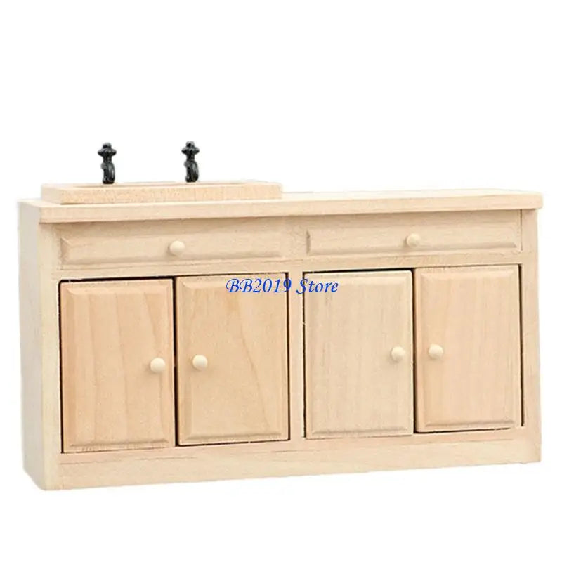 Q0KB Miniature Wooden Kitchen Sink Cabinet 1/12 Dollhouses Craft Project Scene Decors