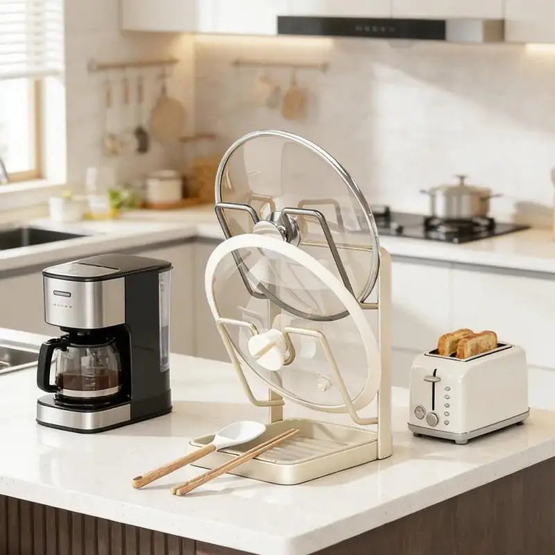 No Drill Kitchen Pot Lid Rack - Space Saving Countertop Organizer with Drainage Tray, Easy Clean Pot Lid Holder for Kitchen Stor