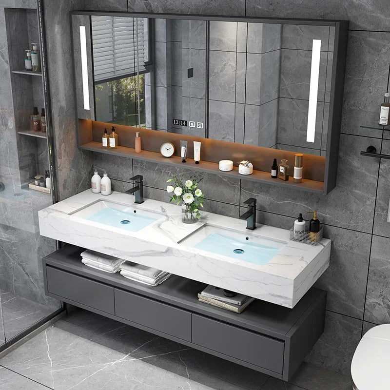 Light Luxury Panel Intelligent Bathroom Cabinet Meuble Rock Salle De Bain Wood Washbasin Double Basin Bathroom Cabinet Home