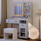 Vanity Desk with LED Lighted Mirror and Drawers Cabinet Open Storage Shelves Dressing Table for Girls Bedroom Makeup Room