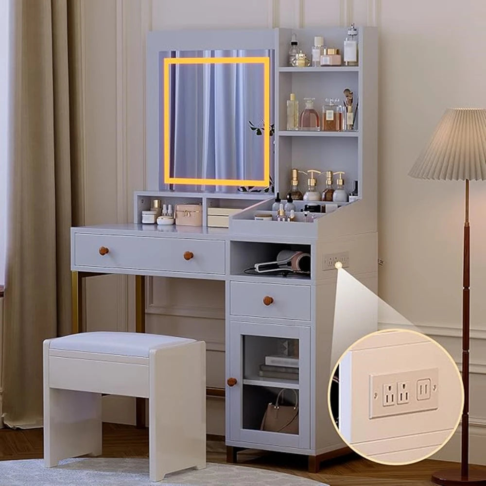 Vanity Desk with LED Lighted Mirror and Drawers Cabinet Open Storage Shelves Dressing Table for Girls Bedroom Makeup Room