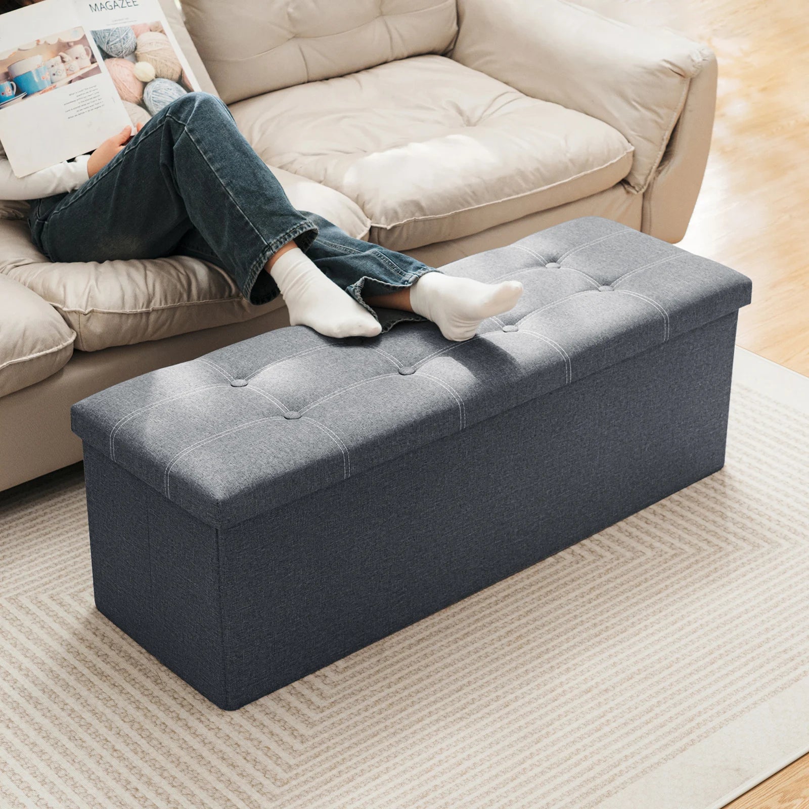 43" Storage Ottoman Bench with Divider, Multifunctional Foot Stool, Toy Chest & Shoe Bench for Bedroom, Living Room Home
