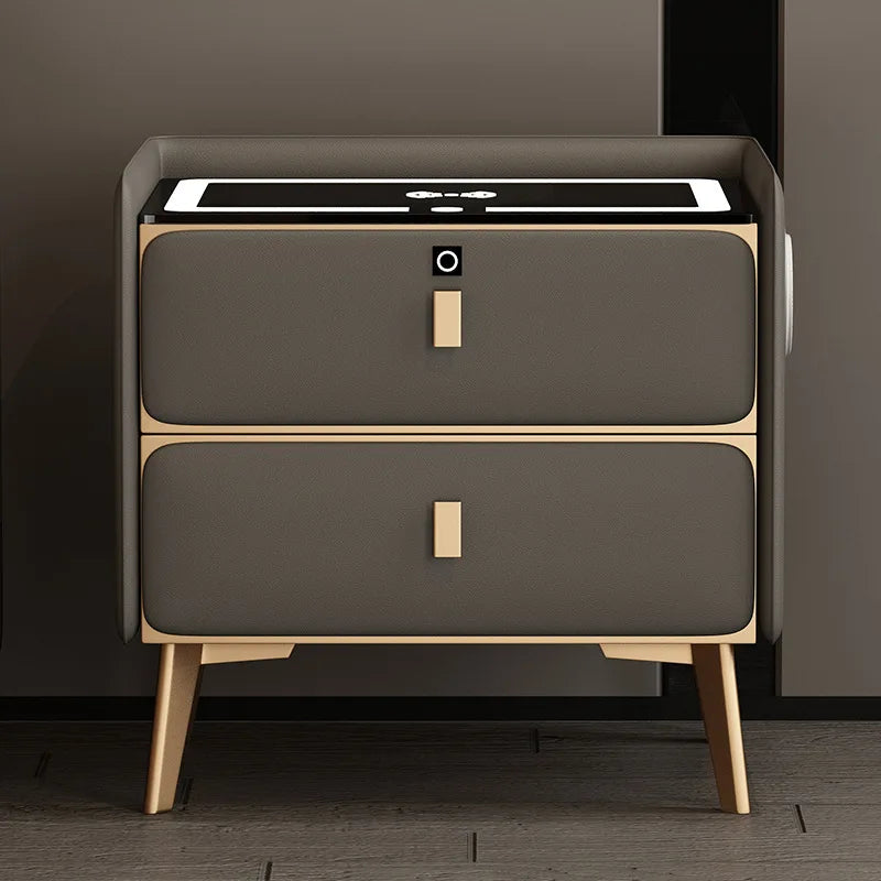 Smart Wooden Bedside Table Modern Style Multi-function Bedroom Nightstand with Wireless Charging Fingerprints Lock